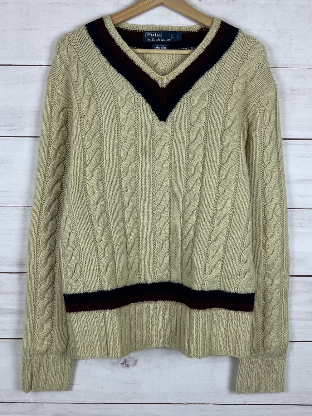 Vtg Polo Ralph Lauren Sweater Wool Cable Knit Mens Large V Neck Tennis Hand Knit